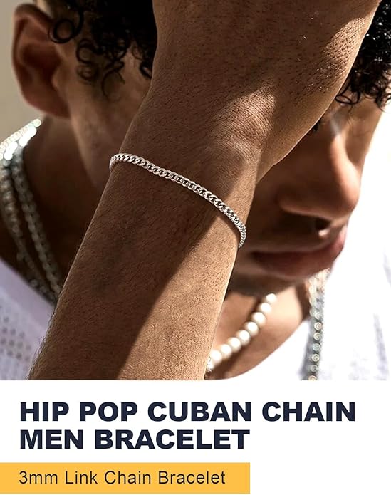 U7 Link Bracelets for Men, Cuban Link/Rope/Watch Band Solid Bracelet, Silver Black Gold Color Wrist Bracelet 3/6/9/12/15mm Width, 6.5/7.5/8.3 Inch Length, Hand Chain Jewelry for Mens Women