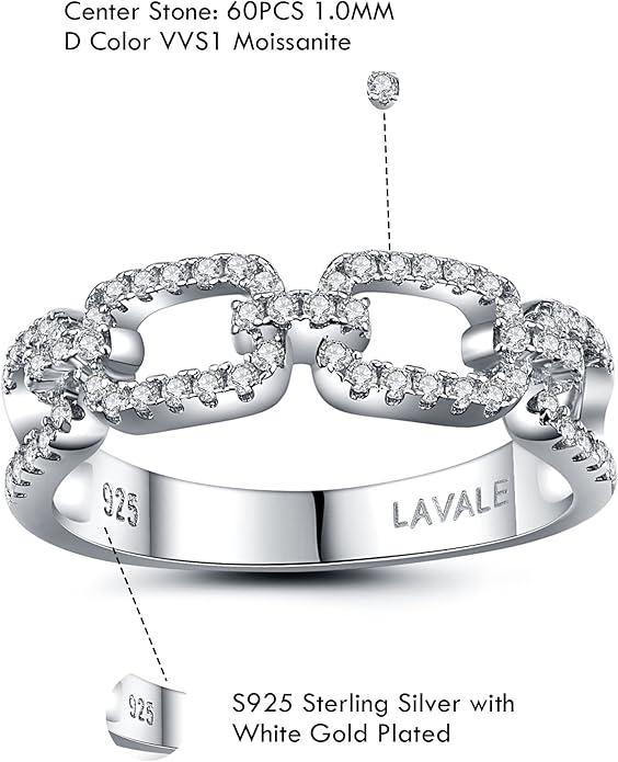 LAVALE Moissanite Wedding Band for Women,Twist Link D Color VVS1 Lab Created Diamond Rings,Half Eternity Stackable Band Ring,S925 Sterling Silver Chain Link Ring