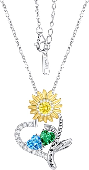 PERJI Valentine's Day Gifts for Women - 925 Sterling Silver Double Birthstone Sunflower Necklace, Anniversary Birthday Jewelry You are My Sunshine Gifts for Wife Couple Girlfriend 18"+2" Non Tarnish