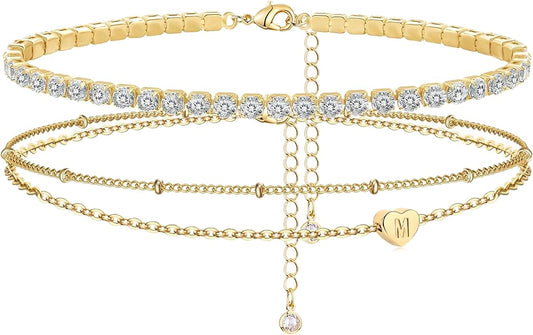 Yanoda Initial Ankle Bracelets for Women, 14K Gold Plated Waterproof Dainty Layered Heart Letter Initial Anklets Personalized Gifts