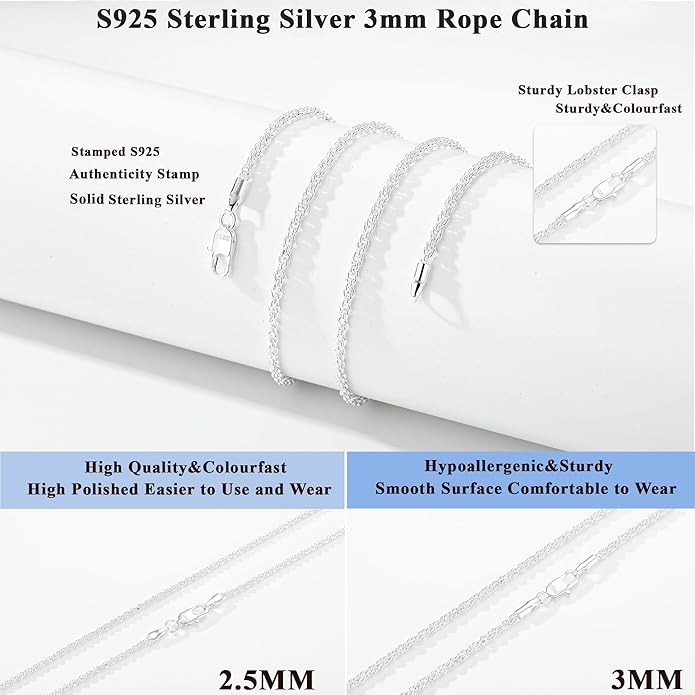 Avotto 925 Sterling Silver Solid 2.5mm 3mm Rope Chain Necklace for Men Boys, Sturdy Non-Fading Mens Boys Silver Chain Jewelry Gifts for Him 14/16/18/20/22/24 Inch