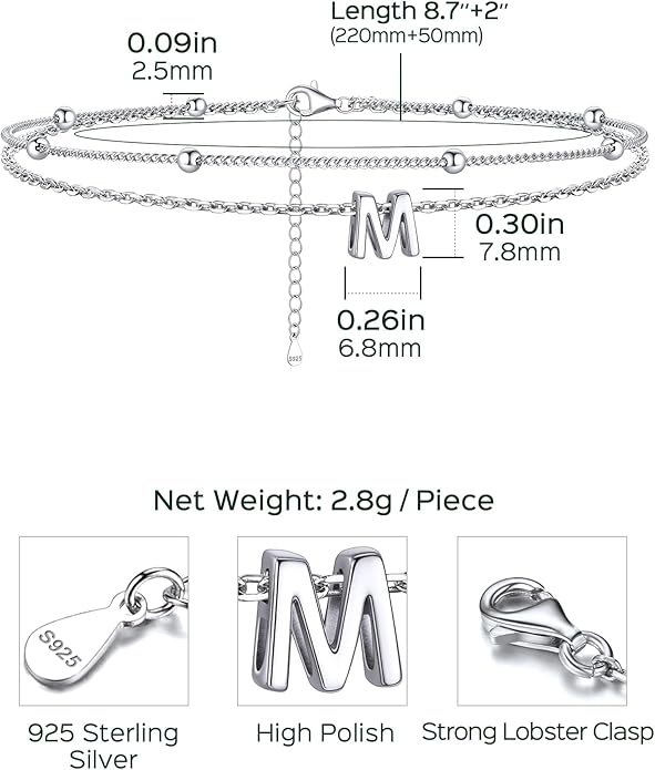 ChicSilver Ankle Bracelets for Women Waterproof, 925 Sterling Silver Initial Anklets for Women, Adjustable Dainty Layered Anklet Beach Jewelry for Women Mom Wife Friend