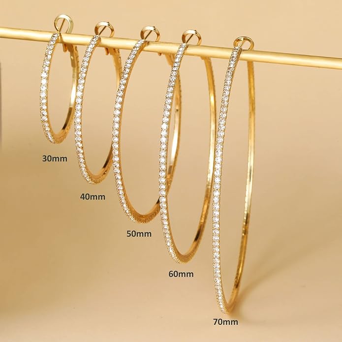 925 Sterling Silver Earrings Large Rhinestone Hoop Earrings Big Cubic Zirconia Hoop Earrings Thin Rhinestones Round Hoop Earrings for Women 20/30/40/50/60/70mm Sparkly Hoops With Crystals for Womens