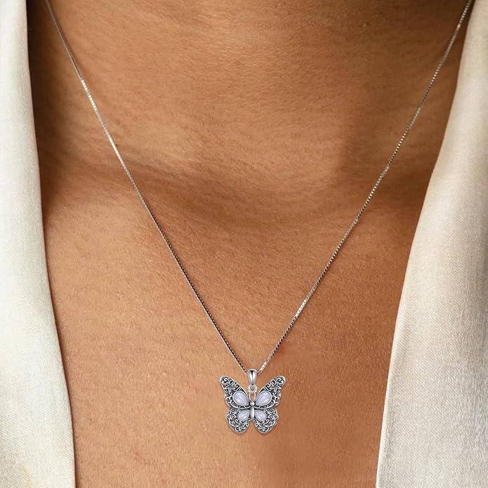 Butterfly Moonstone Necklace, 925 Sterling Silver Vintage Pendant with Natural Gemstone, Boho Hypoallergenic Jewelry Gift for Her