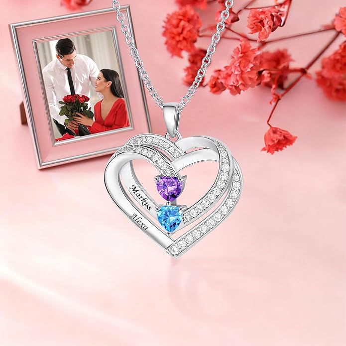 JOBFLY S925 Sterling Silver Customized 2 Birthstone Heart Necklace with 2 Name Engraved Personalized Mother Daughter Necklace Couple Jewelry Christmas Birthday Gift