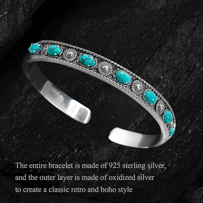 Native American Genuine Turquoise Cuff Bracelet for Women 925 Sterling Silver Turquoise Boho Bangle Adjustable Fit for 6.5 to 7.5 Inch