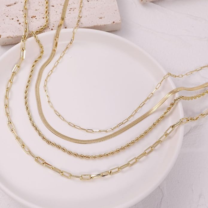 14K Gold Plated Layering Necklaces For Women Gold Necklace Set, Cuban Link, Snake Chain, Paperclip Layered Chains, Twisted Rope and Twisted Chain, Trendy Layering Necklace