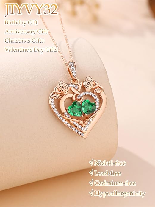 JIYVY32 Rose Heart Necklace for Women Exquisite 925 Sterling Silver Anniversary Birthday Gifts for Wife Mom Her Double Birthstone Pendant Jewelry