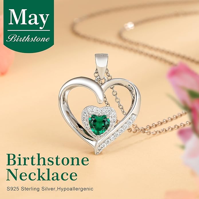 GLIVEOR Heart Birthstone Necklace for Women,S925 Sterling Silver Necklace Birthstone Necklace Heart Necklace for Women Birthday Jewelry Gifts for Women