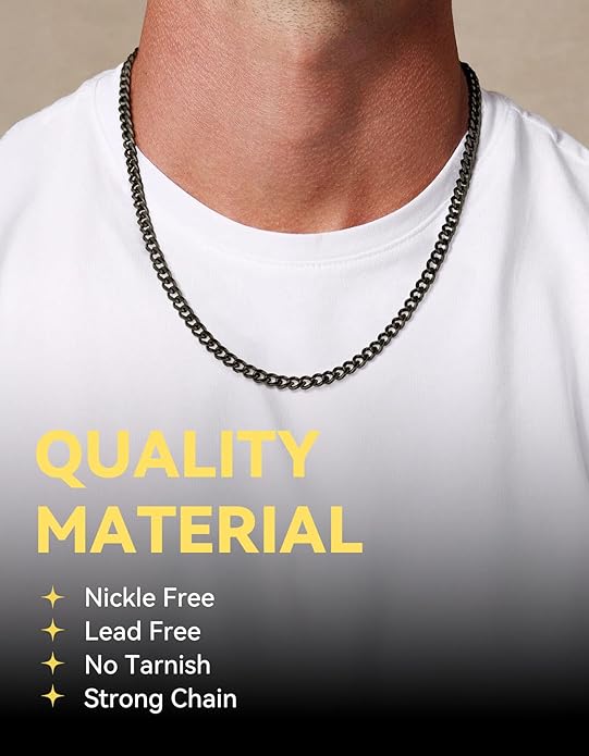 ChainsHouse Miami Cuban Link Chain Necklace for Men, 4.8mm/6mm/10mm/14mm Width, 14K Gold Plated/Stainless Steel/Black Mens Chunky Hip Hop Necklace Curb Chains, 14"-30" Length, Come Gift Box