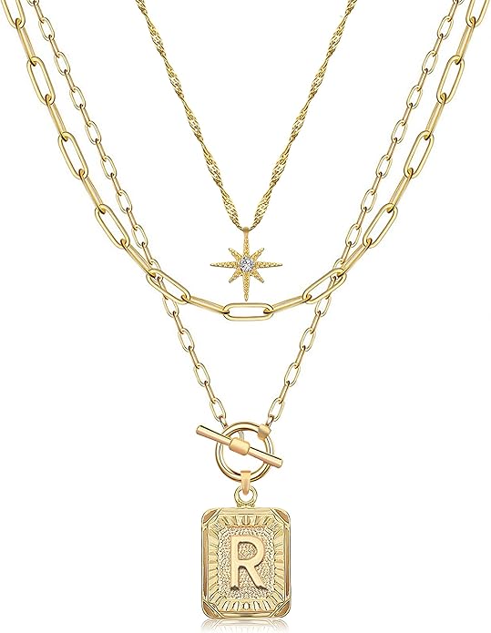 MJartoria Layered Initial Necklaces for Women Trendy, 14K Gold Plated Brass Simple Star Choker Square Letter Pendant Necklace, Paperclip Chain Necklaces Jewelry Gifts