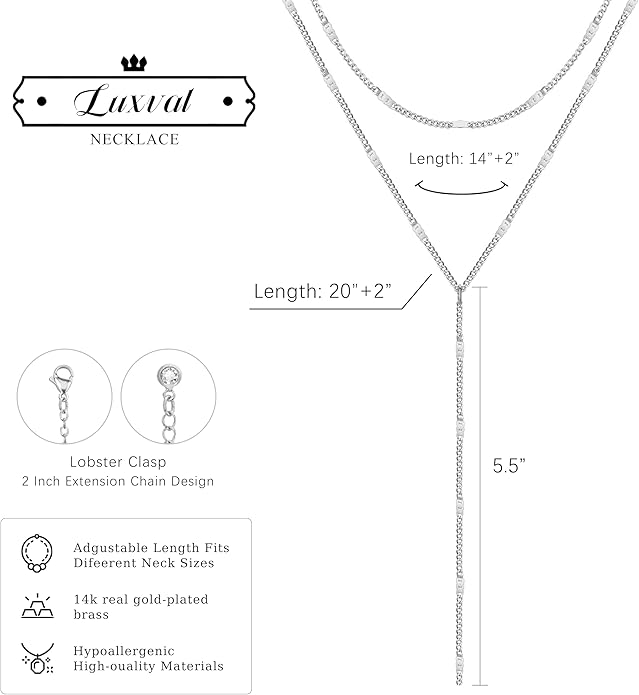Luxval Lariat Silver Necklace for Women, Dainty Long Necklace Silver Y-Shaped Pendant Necklaces Trendy Beaded Chain Drop Necklaces Jewelry for Women Gifts