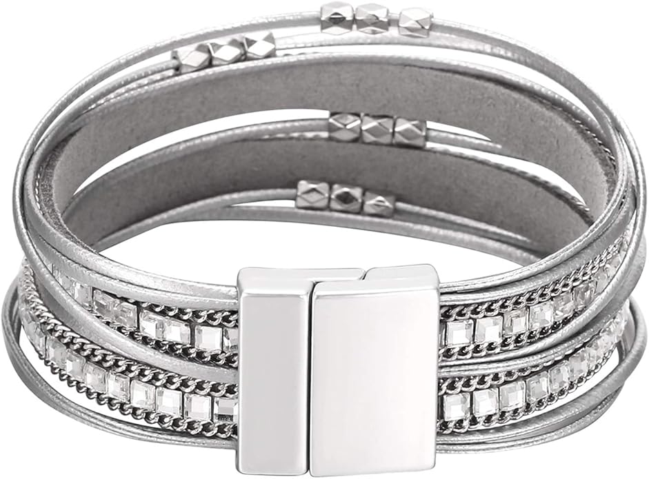 Fesciory Leather Wrap Bracelets for Women, Boho Leopard Multi-Layer Crystal Beads Cuff Bracelet Jewelry