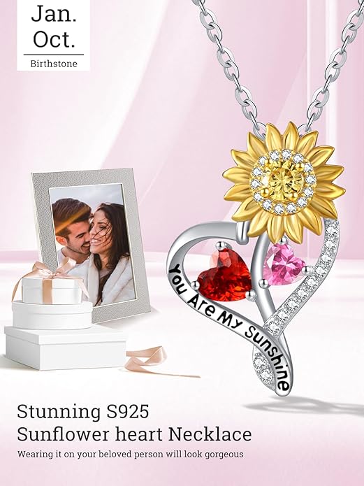 Zeuslia Double Birthstone Necklace Gifts for Wife - 925 Sterling Silver Sunflower/Rose/Crown Cross/Compass/Heart Pendant I Love You Necklace, Anniversary Birthday Gifts for Wife Girlfriend Mom Her