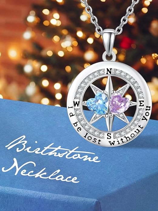 JIYVY32 Compass Birthstones Necklace for Women, Exquisite S925 Necklace Anniversary Birthday Gifts for Wife Her Double Birthstone Pendant jewelry ‘I'd be Lost Without You’