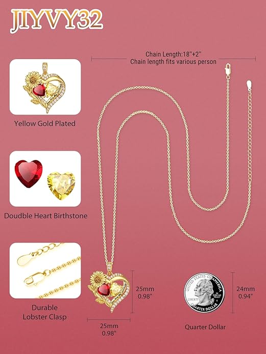 Sunflower Heart Necklace for Women 14K Gold Exquisite Anniversary Birthday Gifts for Wife Mother Her Double Birthstone Pendant jewelry‘You Are My Sunshine’