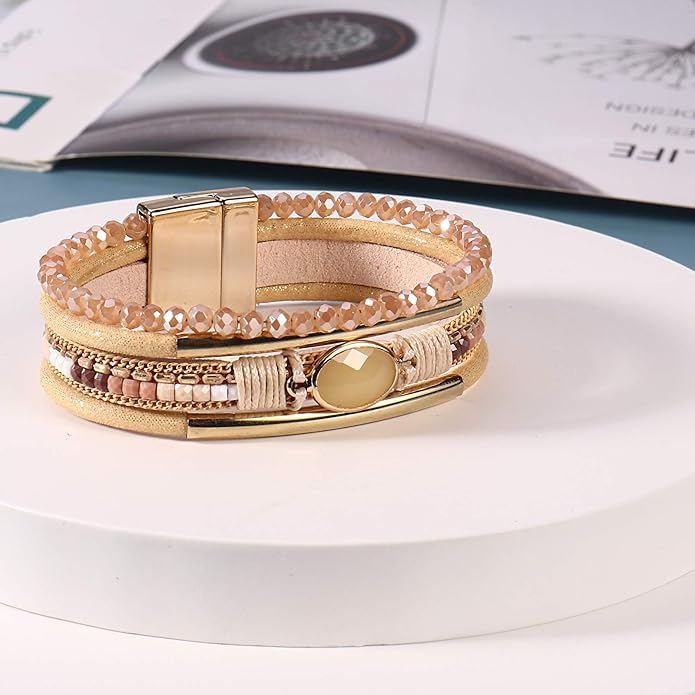 FANCY SHINY Leather Wrap Bracelets Crystal Beads Bracelet Boho Cuff Stone Charm Bracelets with Clasp Costume Jewelry for Women