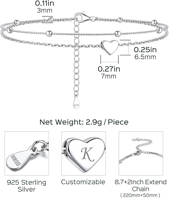 ChicSilver Sterling Silver Anklets for Women 925 Ankle Bracelets for Women Layered Heart Anklet With Beaded Anklets for Women