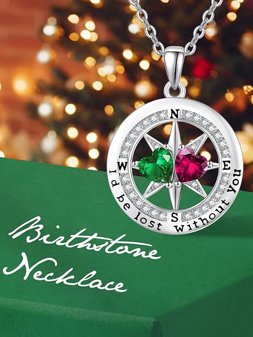Compass Birthstones Necklace for Women, Exquisite Anniversary Birthday Gifts for Wife Her Double Birthstone Pendant jewelry ‘I'd be Lost Without You’