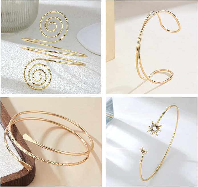 GANDC 8 Pcs Upper Arm Cuff Jewelry for Women Gold Silver Minimalist Arm Cuffs Bangle Band Armlet Adjustable Coil Armband Bracelet Set Jewelry