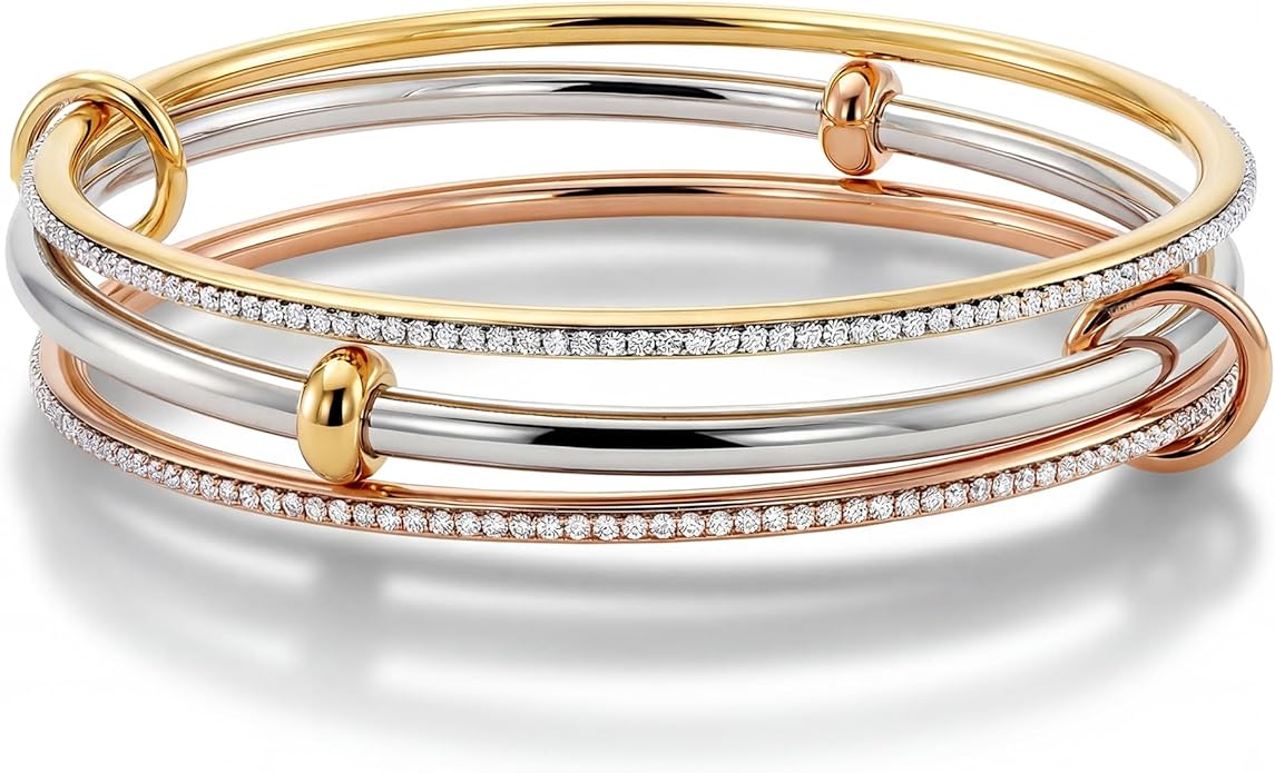 Musishiyu Gold Bracelets for Women Stacking Bangle - 18K Mixed Metal Tri-Color Rolling Interlocking Bands, Cubic Zirconia Fidget Anxiety Jewelry, Valentine's Galentine's Day Gifts (Love, Loyalty, Friendship)