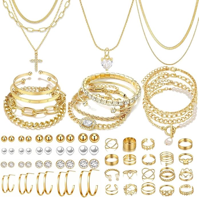 IFNODO 57pcs Gold Jewelry Set With 3 PCS Necklace, 12 PCS Bracelet,20pcs Hoop Stud Earrings,22pcs rings set For Women For Birthday Gifts