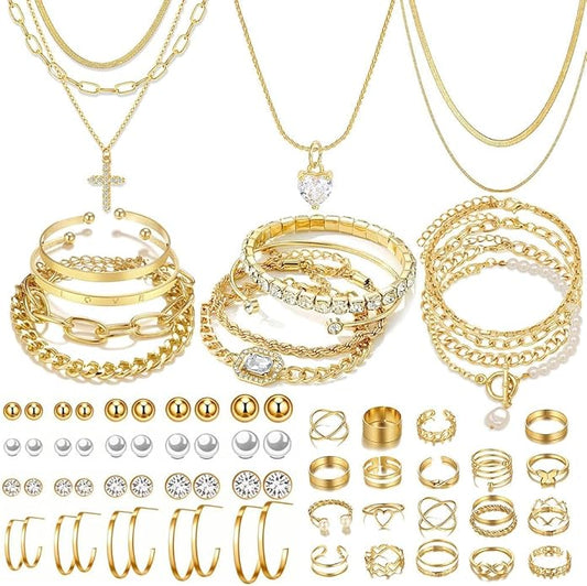 IFNODO 57pcs Gold Jewelry Set With 3 PCS Necklace, 12 PCS Bracelet,20pcs Hoop Stud Earrings,22pcs rings set For Women For Birthday Gifts