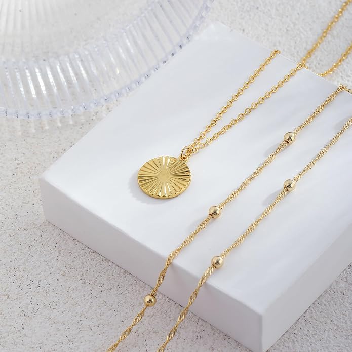 JECOMY Layered Gold Necklace for Women, 14K Gold Plated Necklace Stack for Women, Dainty Adjustable Gold Necklace Set