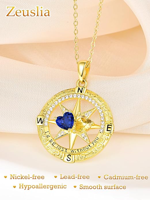 Zeuslia Double Birthstone Necklace Gifts for Wife - 925 Sterling Silver Sunflower/Rose/Crown Cross/Compass/Heart Pendant I Love You Necklace, Anniversary Birthday Gifts for Wife Girlfriend Mom Her