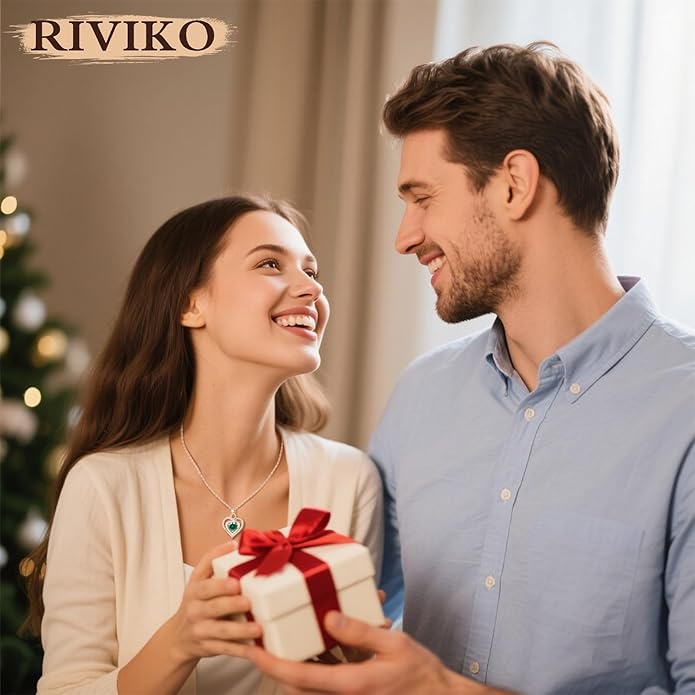 RIVIKO Heart Birthstone Pendant Necklace for Women 925 Sterling Silver Zirconia Necklaces Wedding Anniversary Birthday Mothers Day Jewelry Gifts For Her Mother Wife