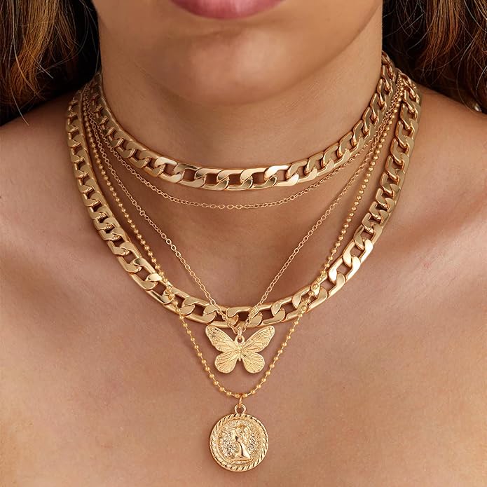 MJartoria Layered Necklaces for Women Trendy Retro Coin Pendant Necklace Dainty Chunky Chain Choker Necklaces for Jewelry Birthday Gifts