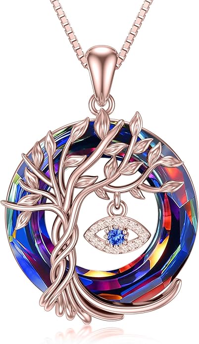 TOUPOP Evil Eye Necklace 925 Sterling Silver Tree of Life Circle Crystal Pendant Necklace Protection Jewelry Amulet Christmas Gifts for Women Her