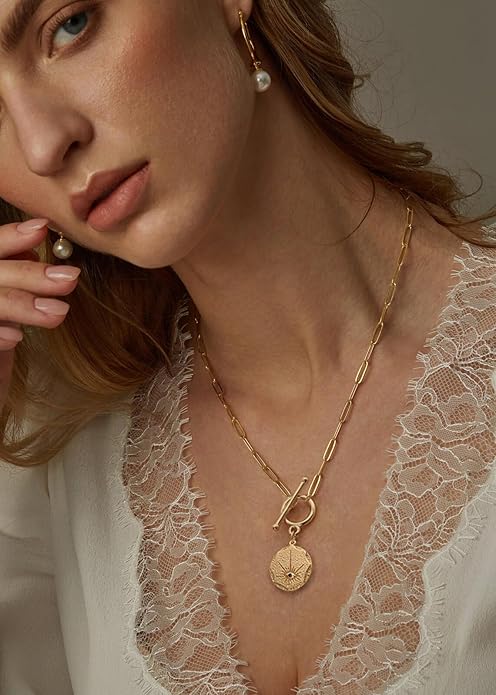 CANEVINKA Dainty Cross Medallion/Heart Pendant Chain Necklace 18K Gold Plated Oval Choker Fashion OT Toggle Jewelry Handmade for Women Simple Gold Charm Necklace
