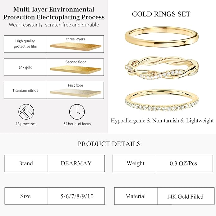 DEARMAY Stackable Gold Plated Rings for Women Non Tarnish, Dainty 14K Gold Diamond Rings Set Thumb Fashion Thin Cubic Zirconia Pack Simple Unique Statement Rings Jewlery 5/6/7/8/9/10
