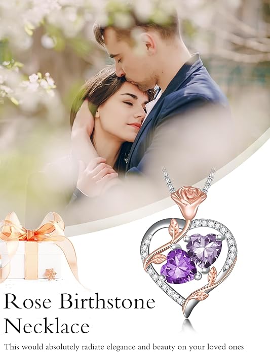 Christmas Gifts for Women Rose Heart Birthstone Pendant Necklace I Love You Forever Jewelry Valentine Mothers Day Birthday Gifts for Women Her Wife Girlfriend