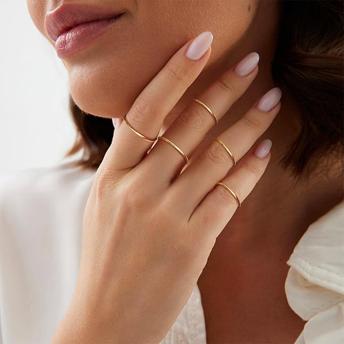 MILACOLATO 1mm Stainless Steel Stacking Rings for Women | Thin 14K Gold Plated Band Rings | Stackable Knuckle Rings Thumb Pinky Midi Rings | Comfort-Fit Size 3/4/5/6/7/8/9