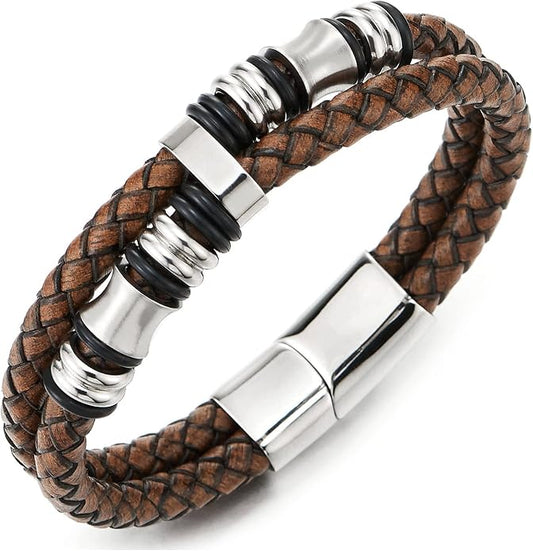 COOLSTEELANDBEYOND Mens Double-Row Braided Leather Bracelet Bangle Wristband with Stainless Steel Ornaments