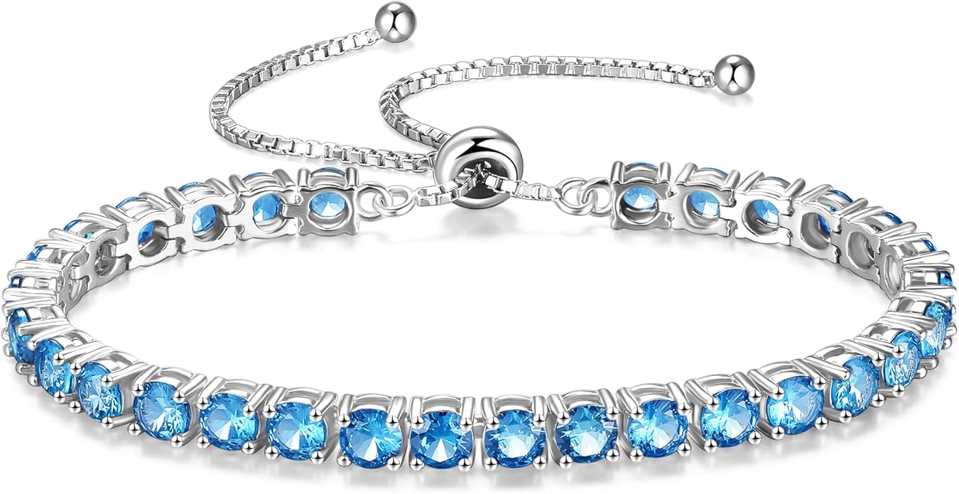 FANCIME Birthstone Bracelet Jewelry for Women Sterling Silver Tennis Bracelet Classic Bolo Adjustable Chain Fine Jewelry Anniversary Birthday Gifts for Women Mom Wife Her