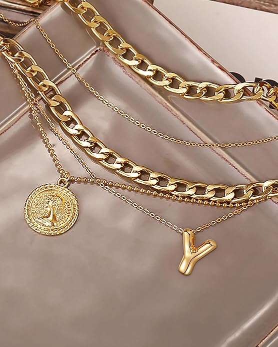 MJartoria Layered Necklaces for Women Trendy Balloon Initial Coin Pendant Necklace Dainty Chunky Chain Choker Necklaces Jewelry Birthday Gifts