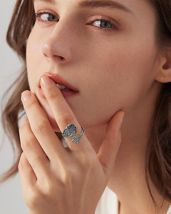 S925-Sterling-Silver Abalone Dragonfly-Turquoise Spoon Ring - Vintage Boho Sunflower Thumb Oxidized Wrap Rings Victorian Style Antique Floral Jewelry Gifts for Women