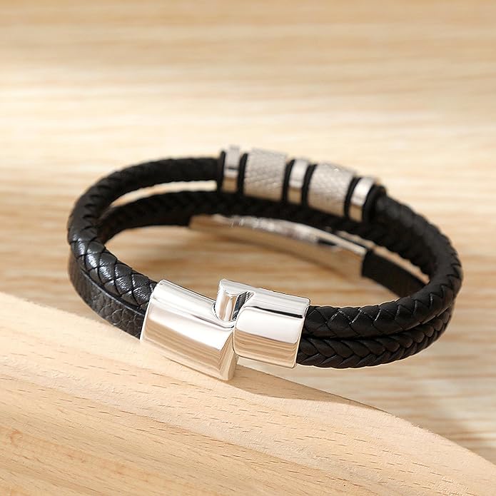 Italian Handmade Genuine Leather Bracelets for Men Stainless Steel Clip, Men's Casual Genuine Multi-layer Cuff Bracelet, Bracelet Gift for Real Men