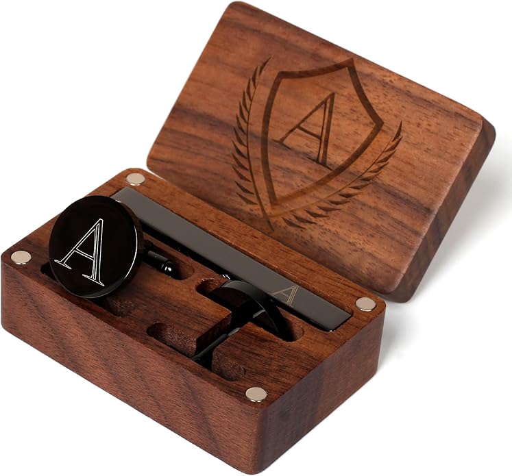 Mens Initial Cufflinks and Tie Clip A-Z Alphabet Letter Black Stainless Cuff Links Tie Bar with Engraved Walnut Wood Box Groom Groomsman Wedding Set