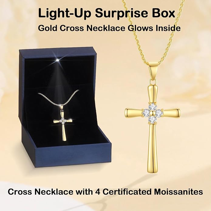 Gold Moissanite Cross Necklace for Women Wife in Light-Up Gift Box,Love Card - Women Anniversary Birthday Gifts Ideas for Wife Her Girlfriend, Christian Cross Chain Jewelry(18K Real Gold Filled)