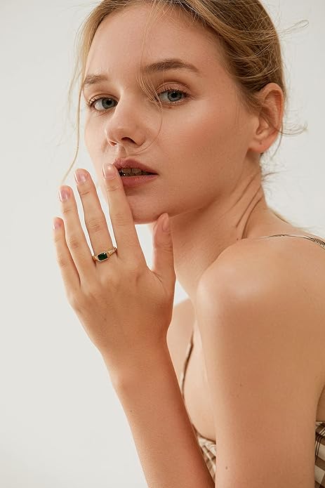 Gold Emerald Rings Gold Rings for Women Dainty Green Rings Cut Emerald Gemstones CZ Non Tarnish Gold Rings 14K Gold Plated Rings for Women Band Size 6/7/8/9