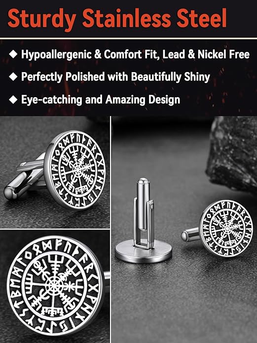 FaithHeart Mens Cufflinks, Norse Viking Tuxedo Shirt Cuff Links, Stainless Steel Cuff Links and Shirt Studs, Gift Box