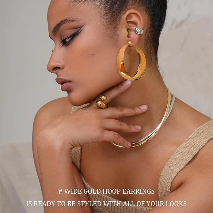 EXGOX Gold Hoop Earrings for Women Sterling Silver Post Hoops Earrings for Women Wide Thick Silver Hoop Earrings Hypoallergenic Lightweight 14k Real Gold Plated Hoop Large Earrings (25/30/40/50MM)