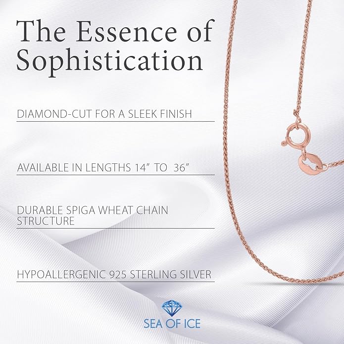 SEA OF ICE Italian Spiga Wheat Chain Necklace – Silver Chain Necklace for Women and Men – 925 Sterling Silver Spring Ring Locked Jewelry Chain – Multisize Silver Chain Unisex