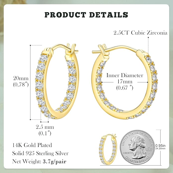 Yellow Gold Plated/925 Sterling Silver Sparkle Cubic Zirconia Hoop Earrings for Women fit Sensitive Ears 14mm/20mm/26mm Huggie/Medium/Large Hoops(with Gift Box)