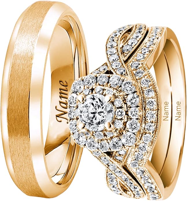 Rikelus Moissanite Engagement Ring Sets for Couples,10K 14K 18K Solid Gold Heart/Princess/Round Cut Bridal Ring Sets,Customized Matching Wedding Bands Set for Men and Women Free Engraving