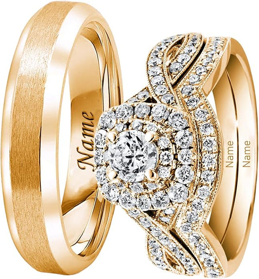 Rikelus Moissanite Engagement Ring Sets for Couples,10K 14K 18K Solid Gold Heart/Princess/Round Cut Bridal Ring Sets,Customized Matching Wedding Bands Set for Men and Women Free Engraving